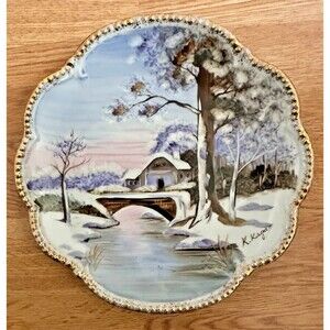 UCAGCO Hand Painted Ceramic Plates Set of 2 Landscape Scalloped Gold Trim